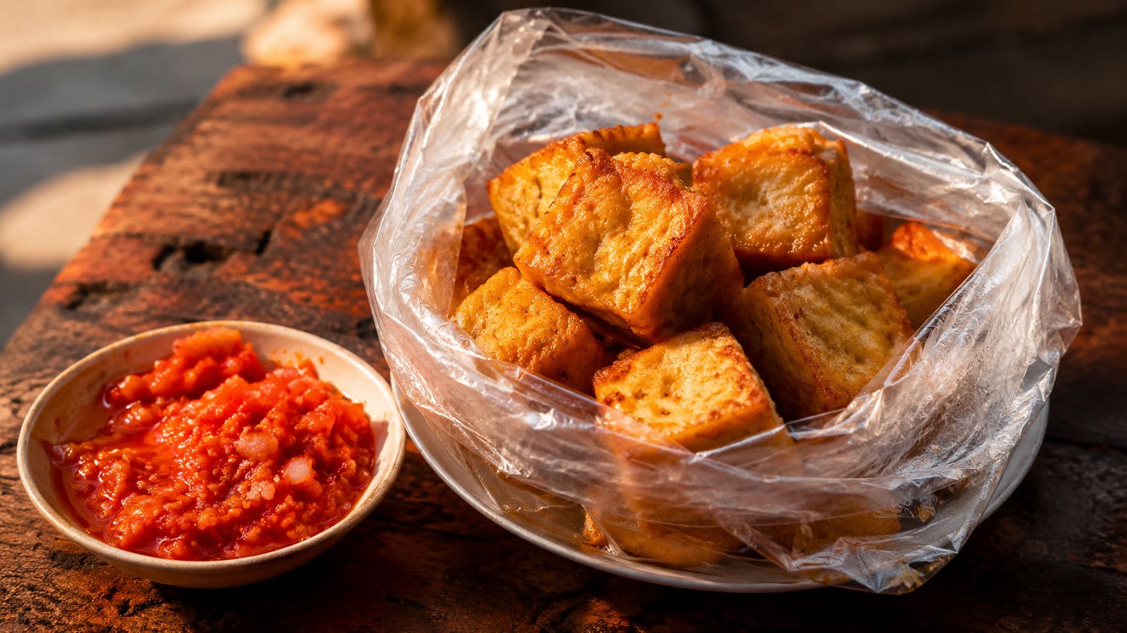 Awara bĂ©ninois (Amon Soja â fromage de soja fon-yoruba, cubes blanc-dorĂ© frits en huile d'arachide servis brĂ»lants en street food avec sauce piment-oignon-tomate fraĂźche, le tofu noir du Sud BĂ©nin)