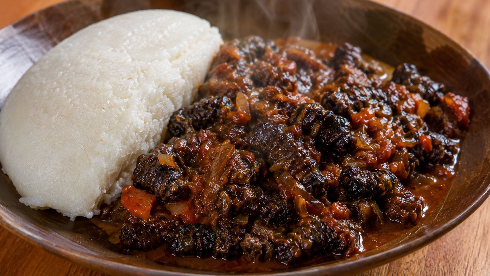 Phane (chenilles de mopane mijotées à la tomate)