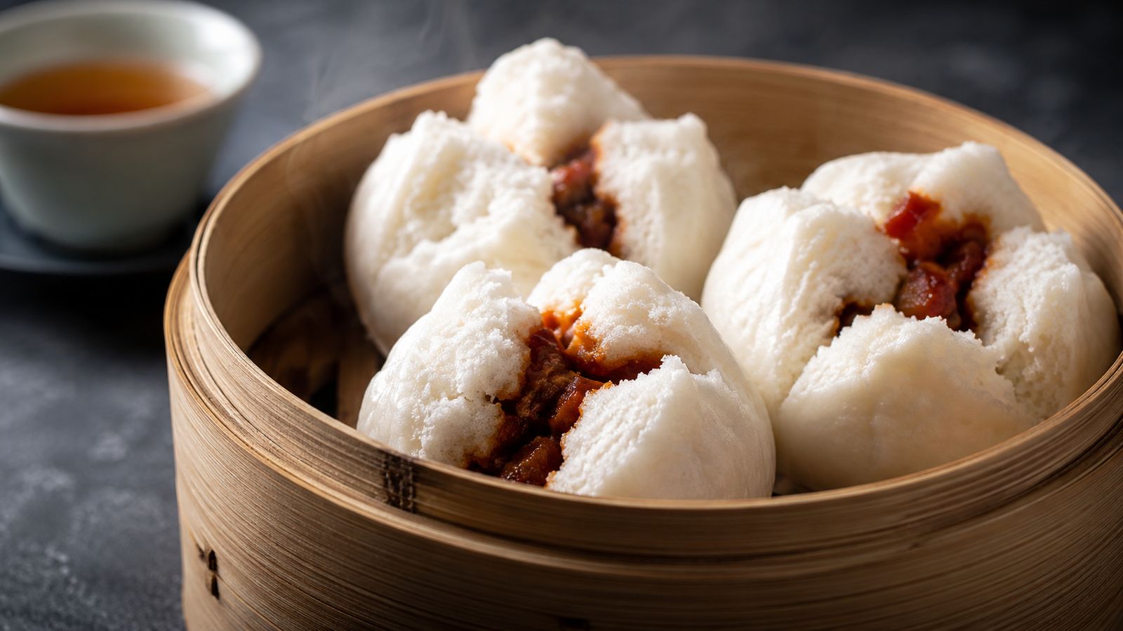 Char Siu Bao (叉烧包, chāshāo bāo — brioches vapeur au porc laqué)