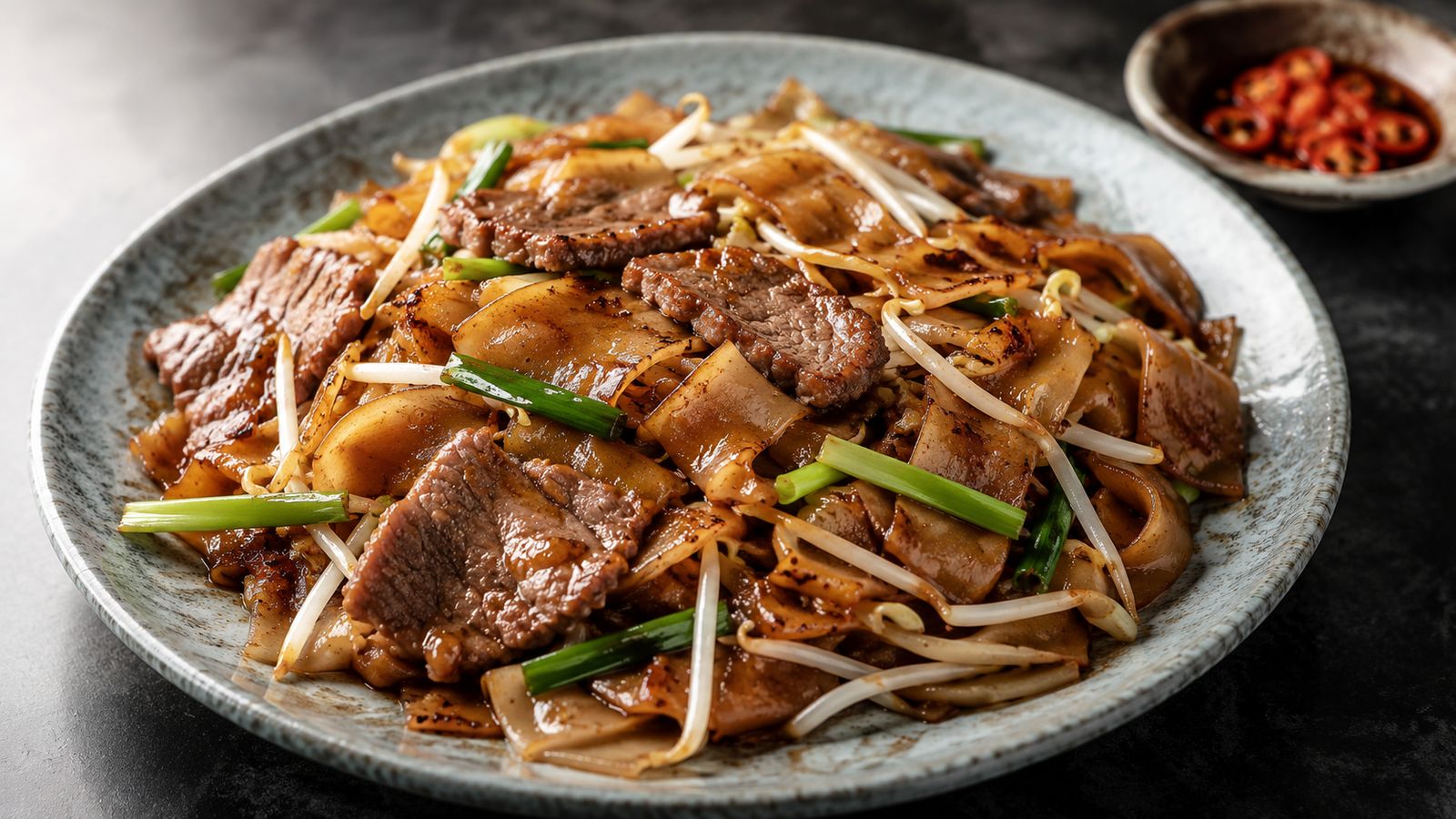 Gan Chao Niu He (干炒牛河) — Nouilles de riz plates sautées au bœuf, le plat-test du wok cantonais