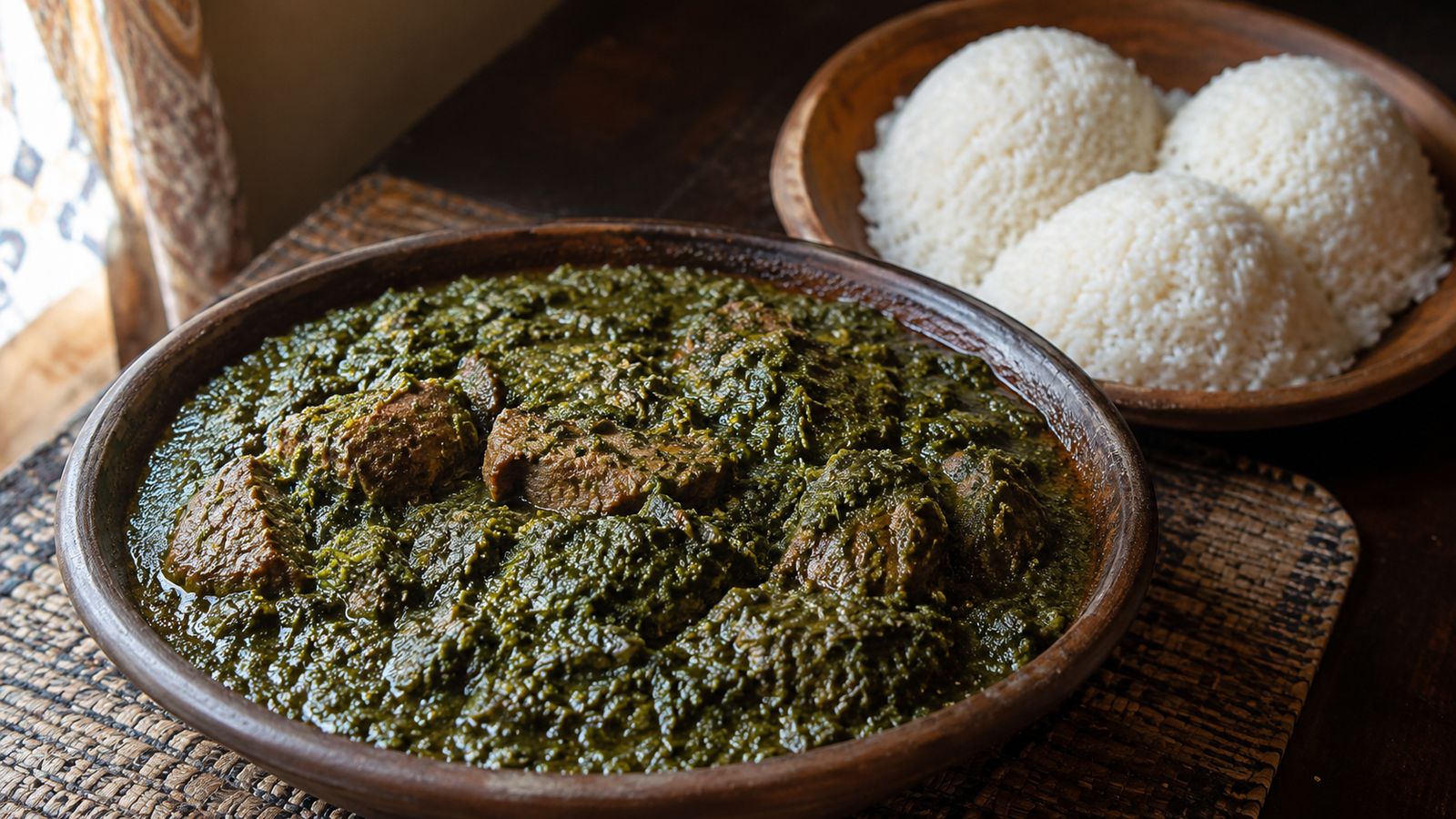 Kansiyé guinéen (sauce-totem aux feuilles fraîches d'oseille de Guinée — Hibiscus sabdariffa, dakka soussou — viande de mouton ou bœuf séché, huile de palme rouge ou version peule maigre, arachide pilée optionnelle, soumbala fermenté ou cube Maggi, servi avec riz local Kankan ou riz importé)
