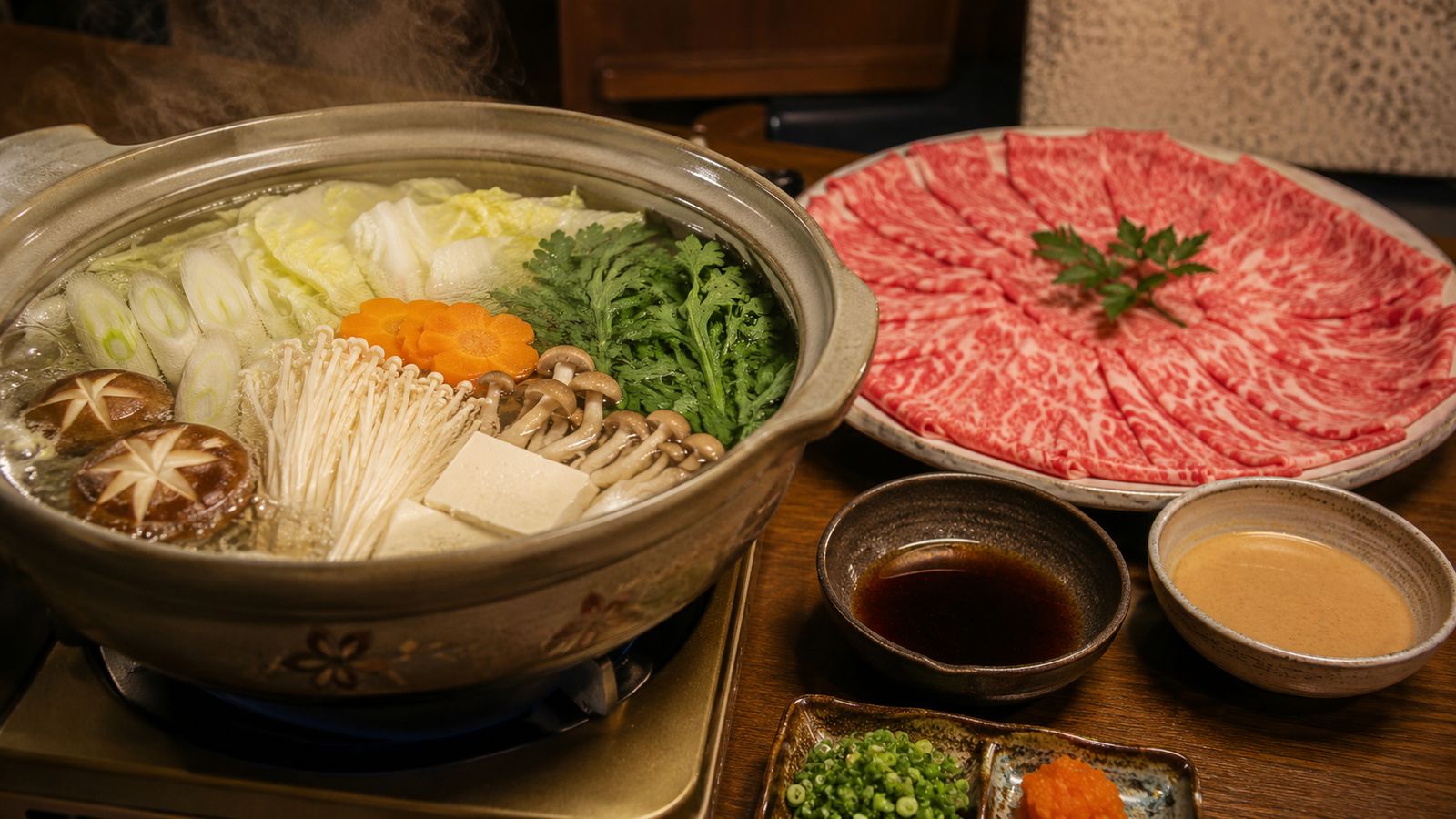 Shabu-Shabu (しゃぶしゃぶ - bœuf en fines tranches passé au bouillon dashi-konbu, créé Suehiro Osaka 1952)