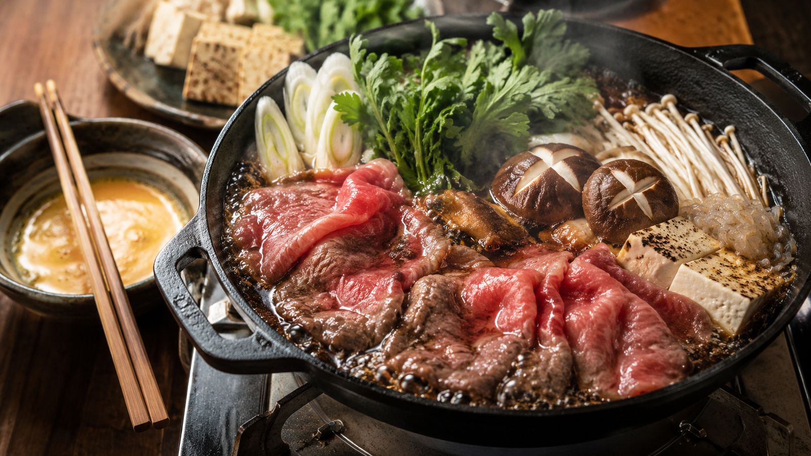 Sukiyaki (すき焼き - bœuf en sauce sucrée-salée à l'œuf cru, style Tokyo Kantō)