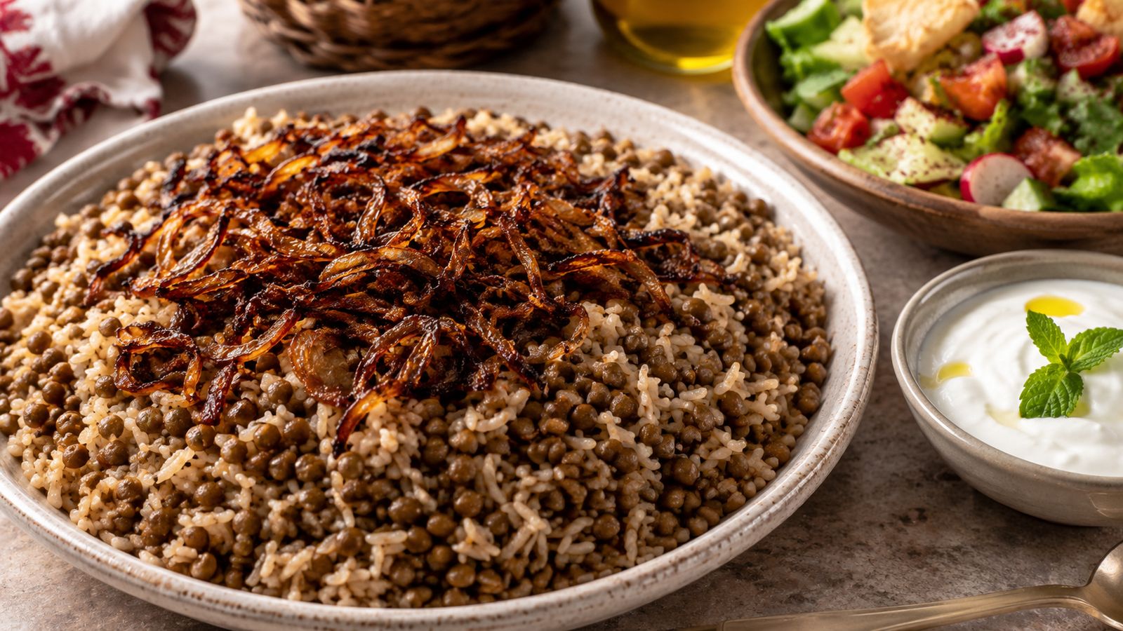 Mujadara (مجدرة — riz lentilles oignons frits)