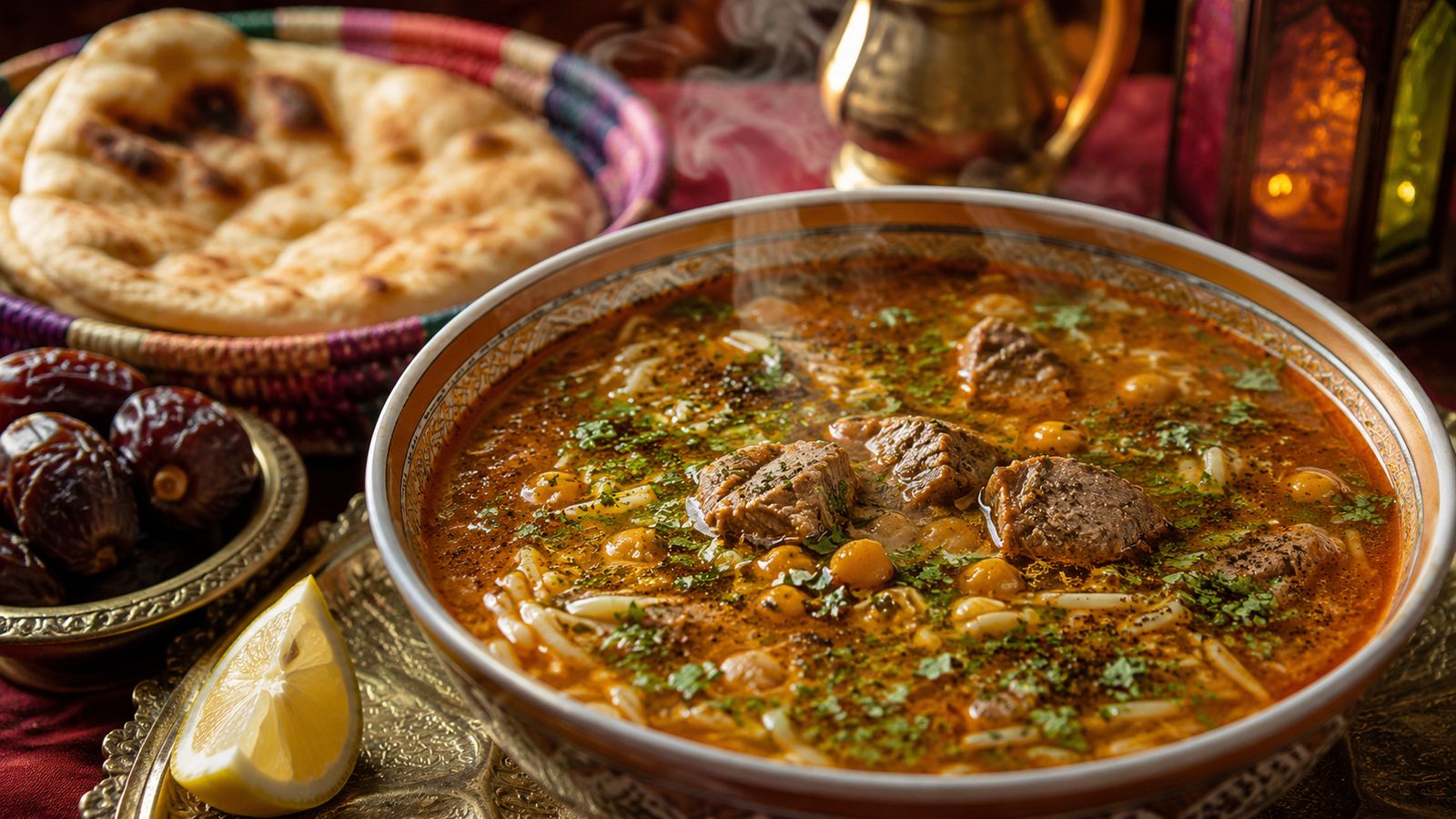 Sharba Libya (شربة ليبية — soupe d'agneau, lsan al-asfour et menthe séchée du ramadan)