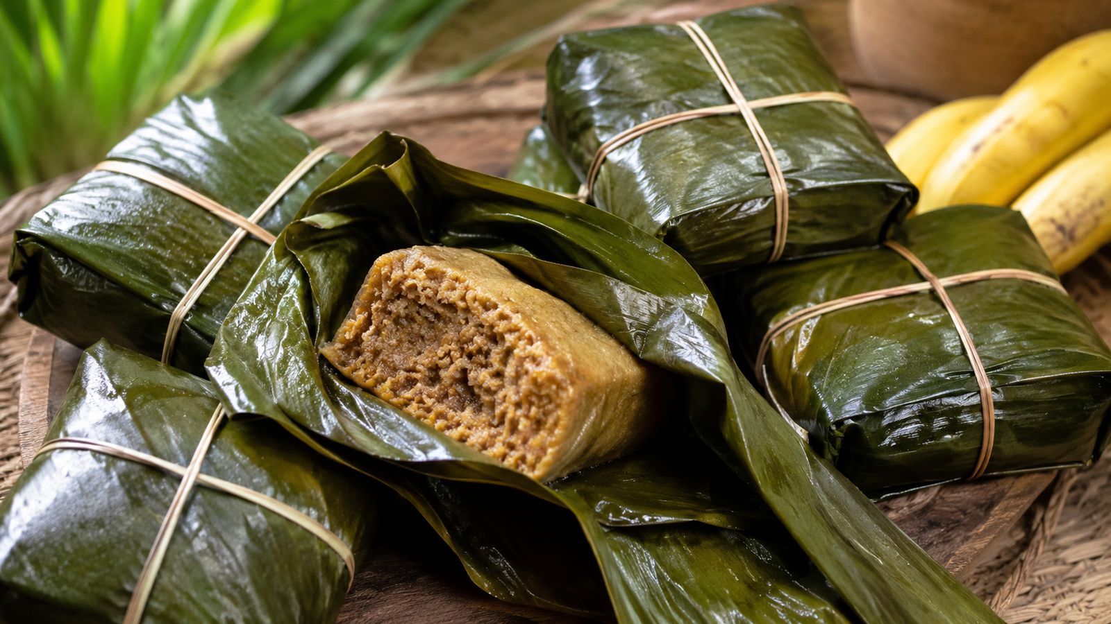 Koba Ravina (gâteau riz-cacahuète-banane en feuille)