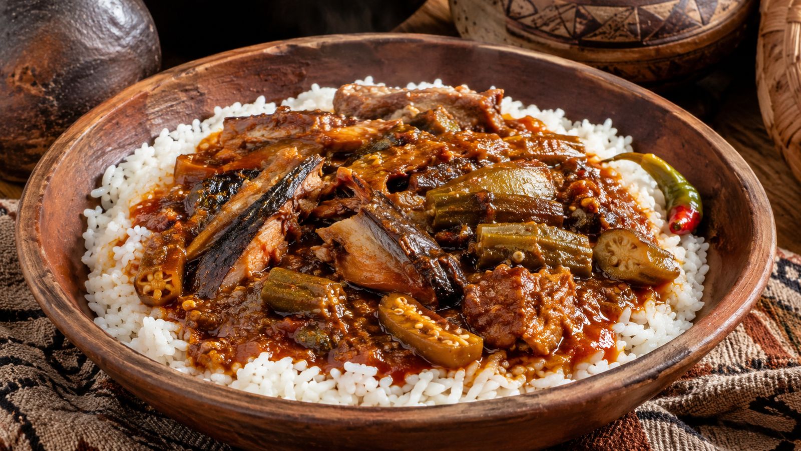 Soupou Kandja malien (sauce gombo séché et poisson capitaine fumé, version Mopti/Niger)