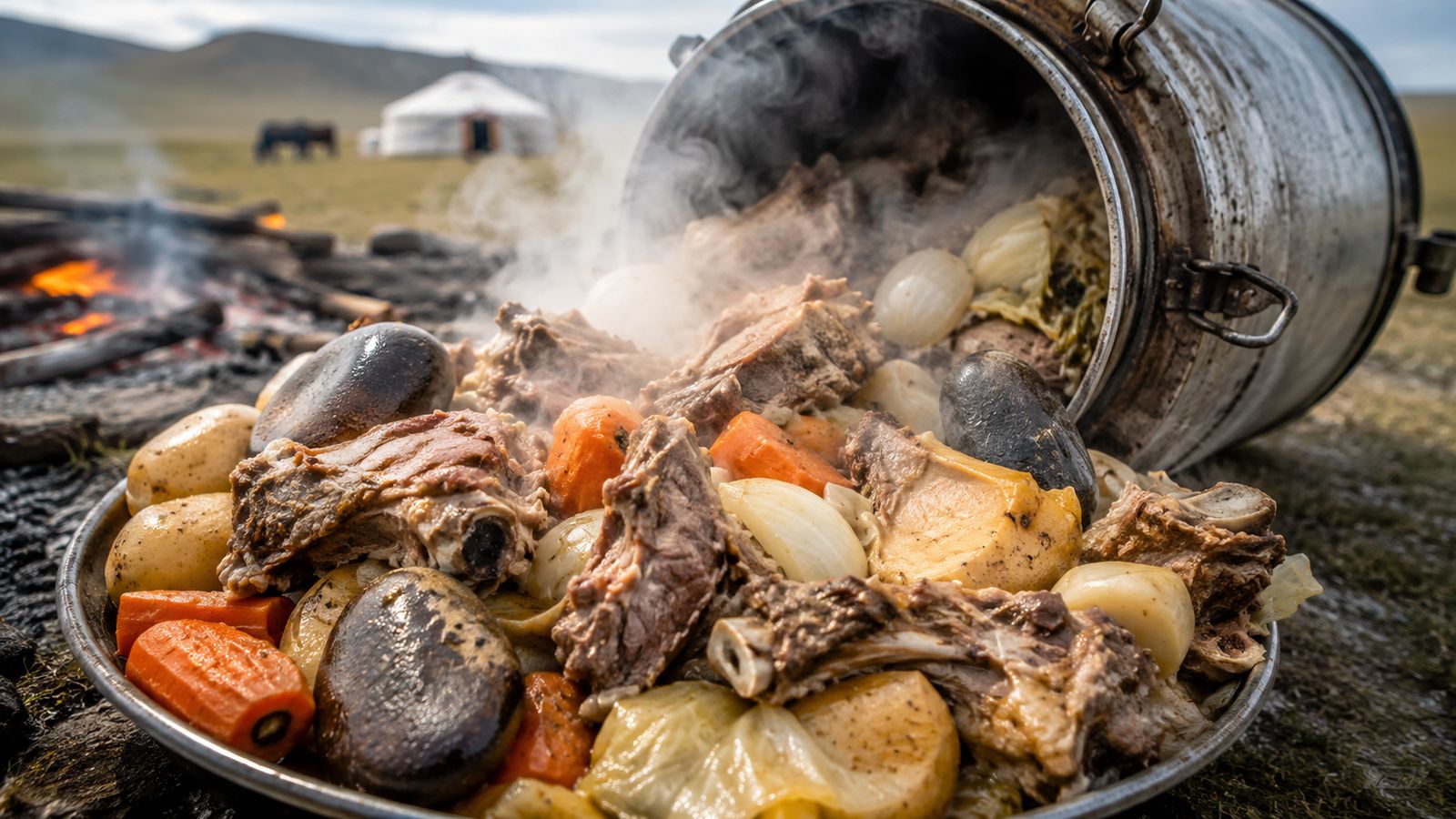 Khorkhog (Хорхог — barbecue aux pierres chaudes)