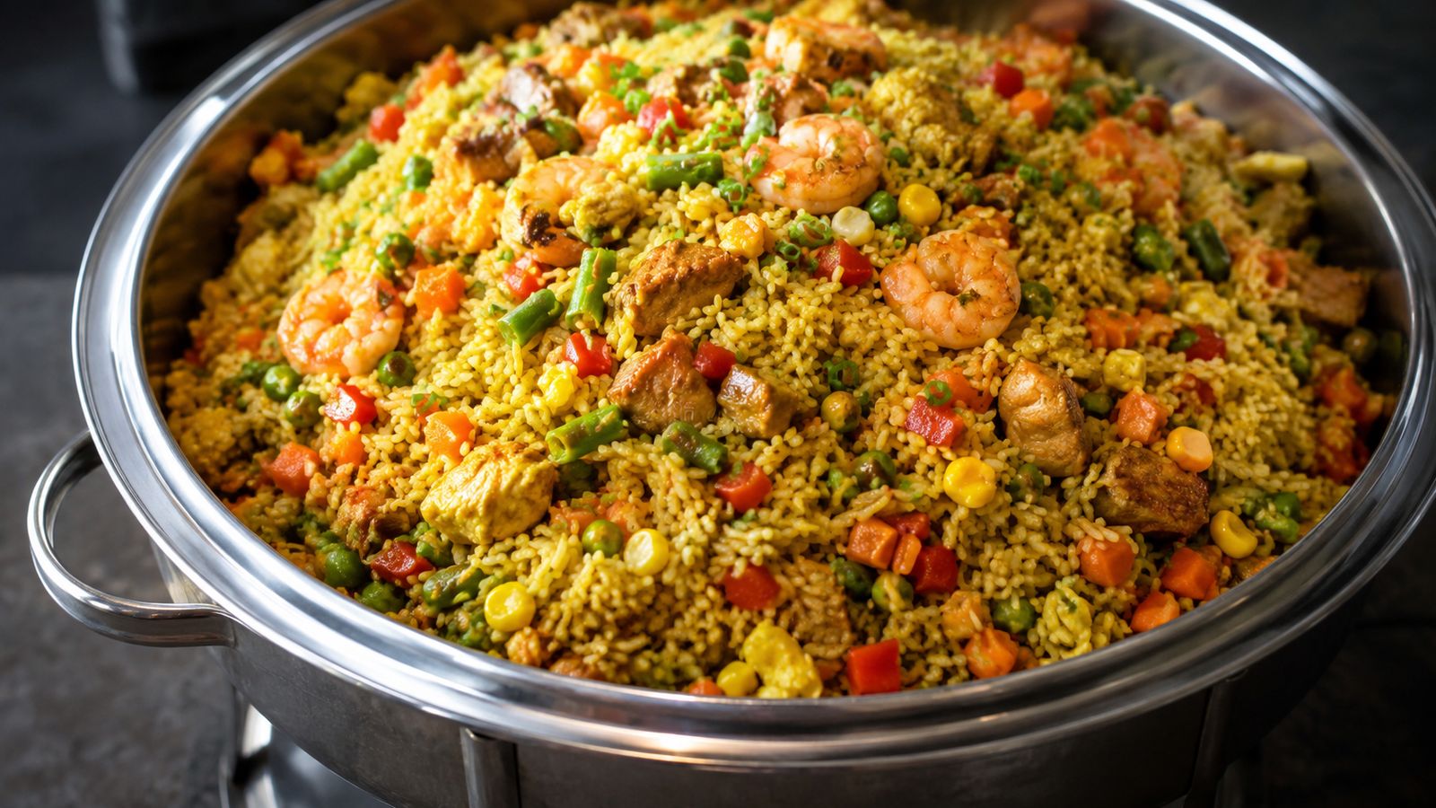 Nigerian Fried Rice (riz frit de fête pan-nigérian — couleur jaune-verte curry+légumes)