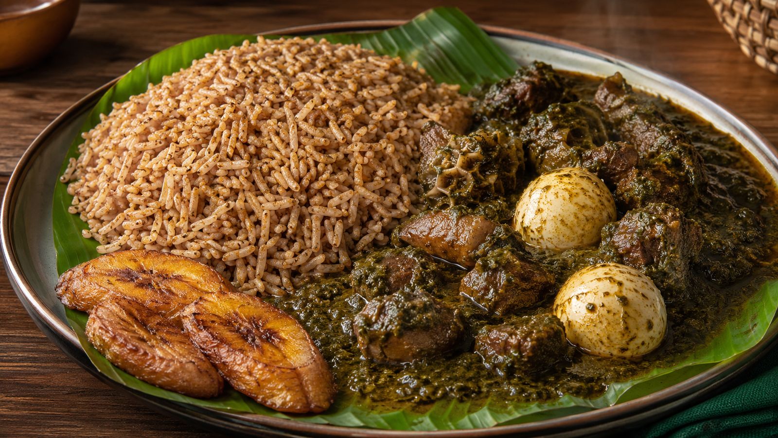 Ofada Rice & Ayamase (riz brun yoruba non poli, sauce verte iru, œufs durs)