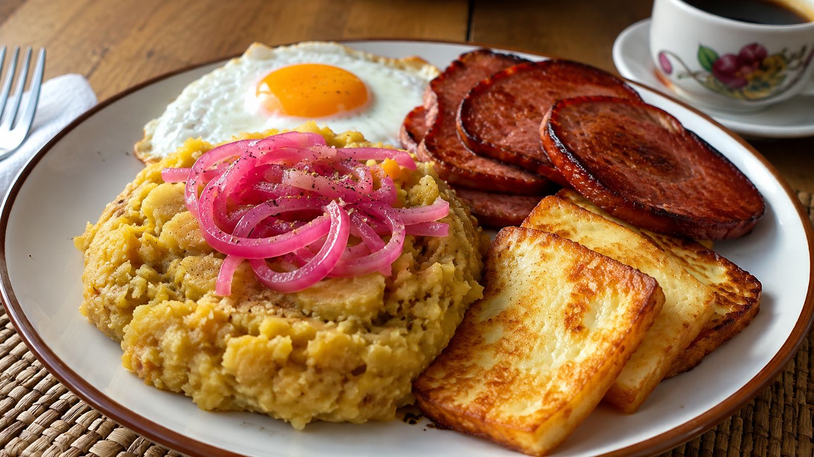 Mangú con Tres Golpes (purée plantain + œuf + fromage + salami)