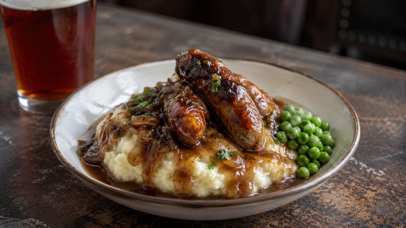 Bangers and Mash (sausages and mashed potatoes with onion gravy)
