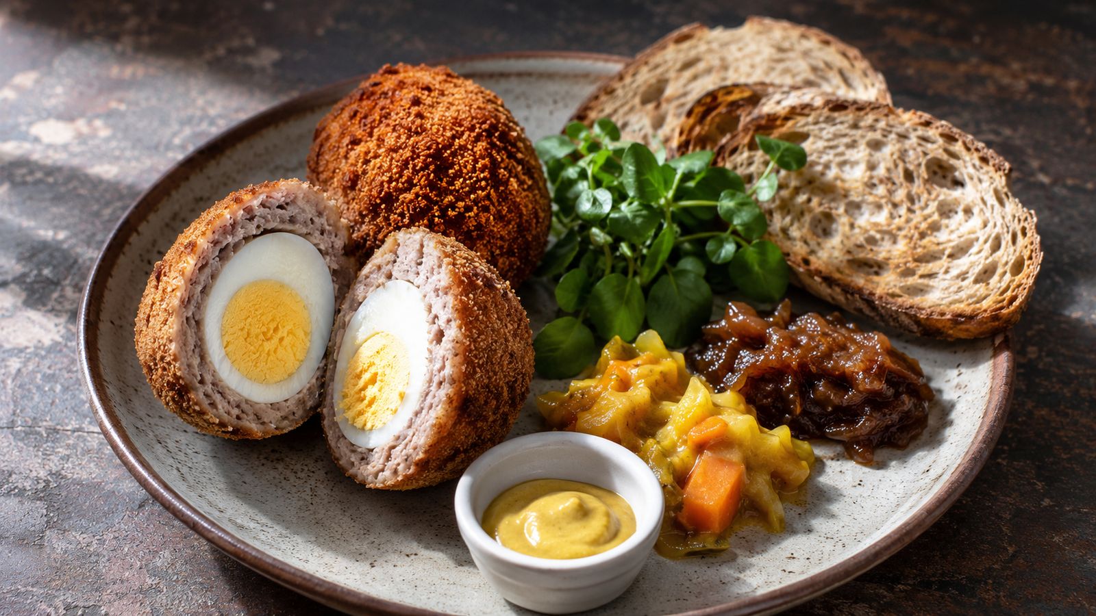 Scotch Egg (œuf dur enrobé chair à saucisse pané frit — controverse Fortnum 1738 vs nargisi kofta moghol)