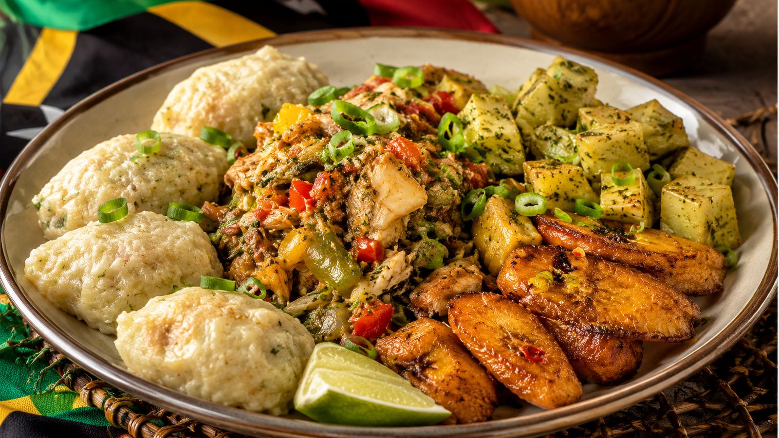 Stewed Saltfish with Spicy Plantains, Coconut Dumplings and Seasoned Breadfruit