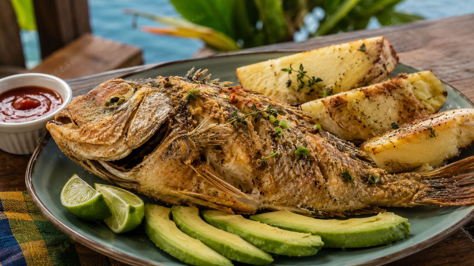 Roasted Breadfruit & Fried Jackfish