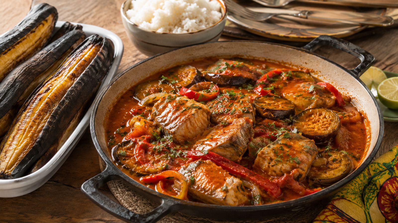 Frigideira de Peixe à la santoméenne (poisson et aubergine farinés et frits, étuvés au dendê, oignon, tomate, poivron — héritage portugais ilhéu)