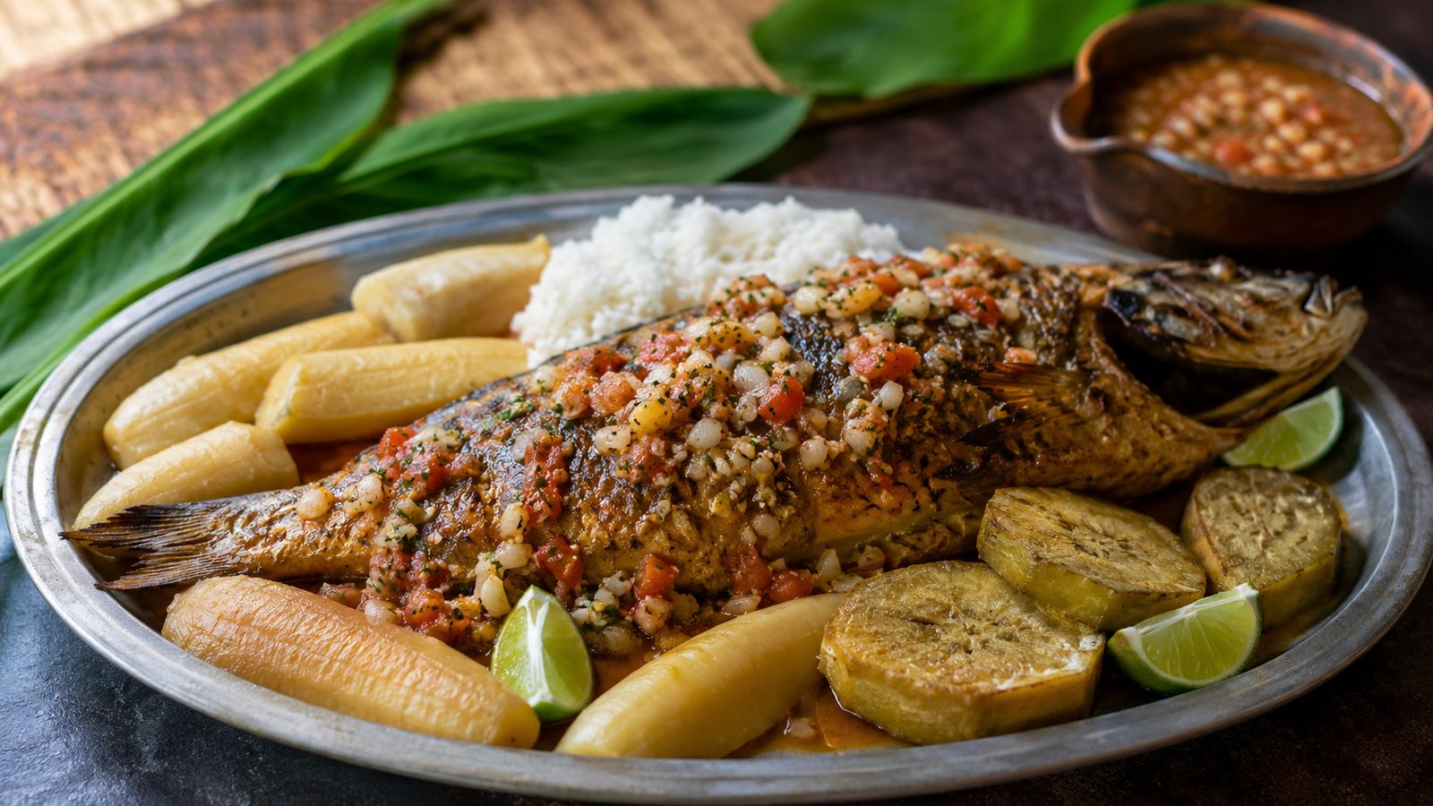 Peixe Grelhado com Molho de São Tomé (poisson grillé, sauce créole crue ail-oignon-tomate-malagueta)