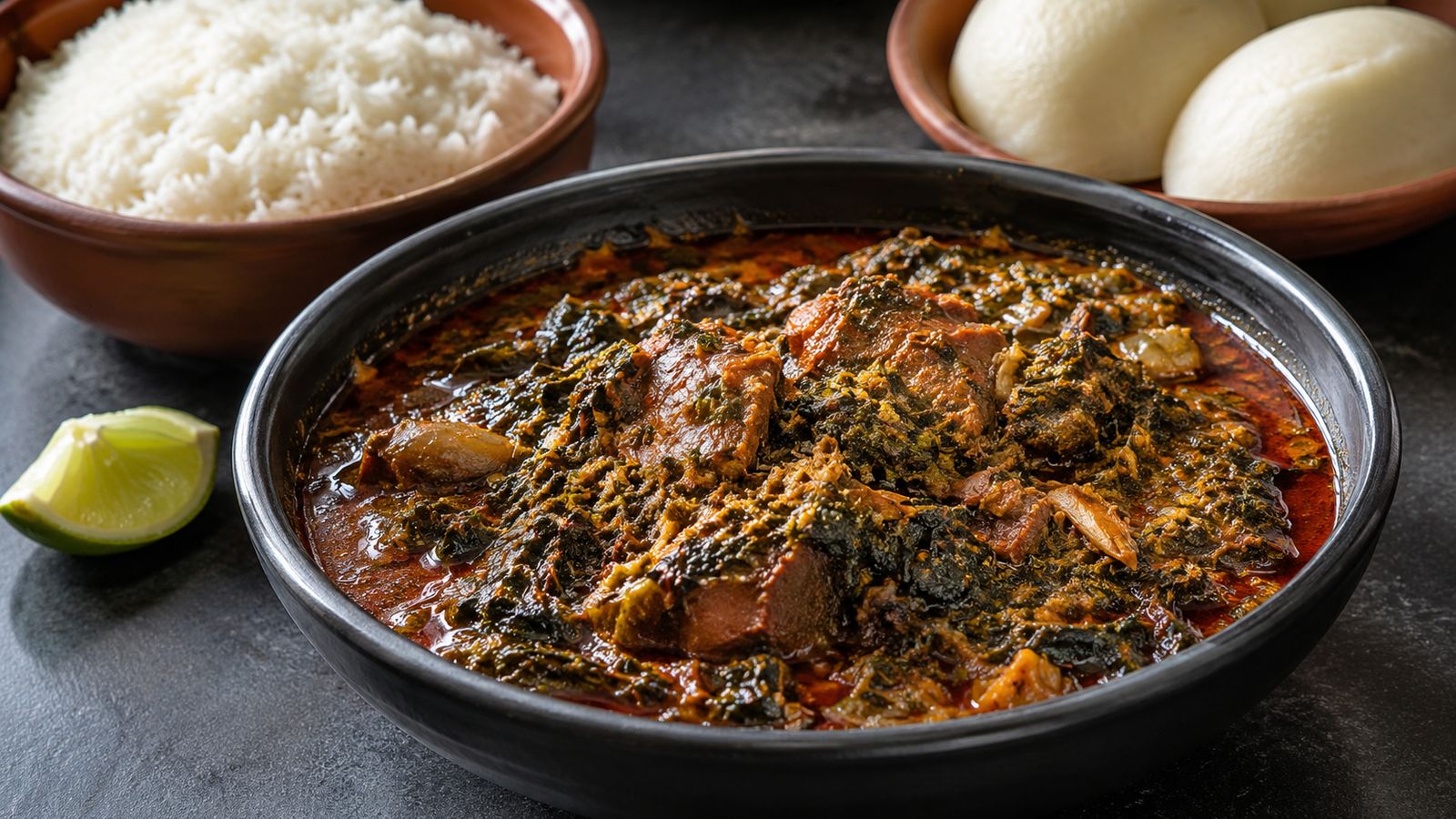 Bitterleaf Soup sierra-léonais (soupe-ragoût aux feuilles amères Vernonia amygdalina — version temne/mende/krio servie sur riz blanc ou fufu)
