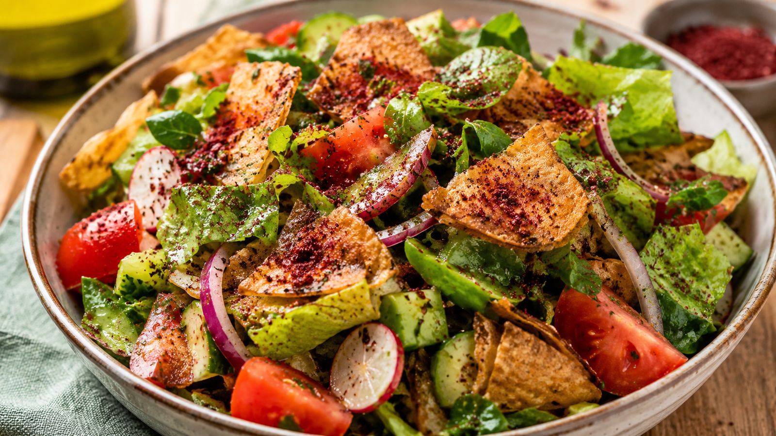 Fattoush (فتوش — salade syrienne au pain croustillant + sumac)