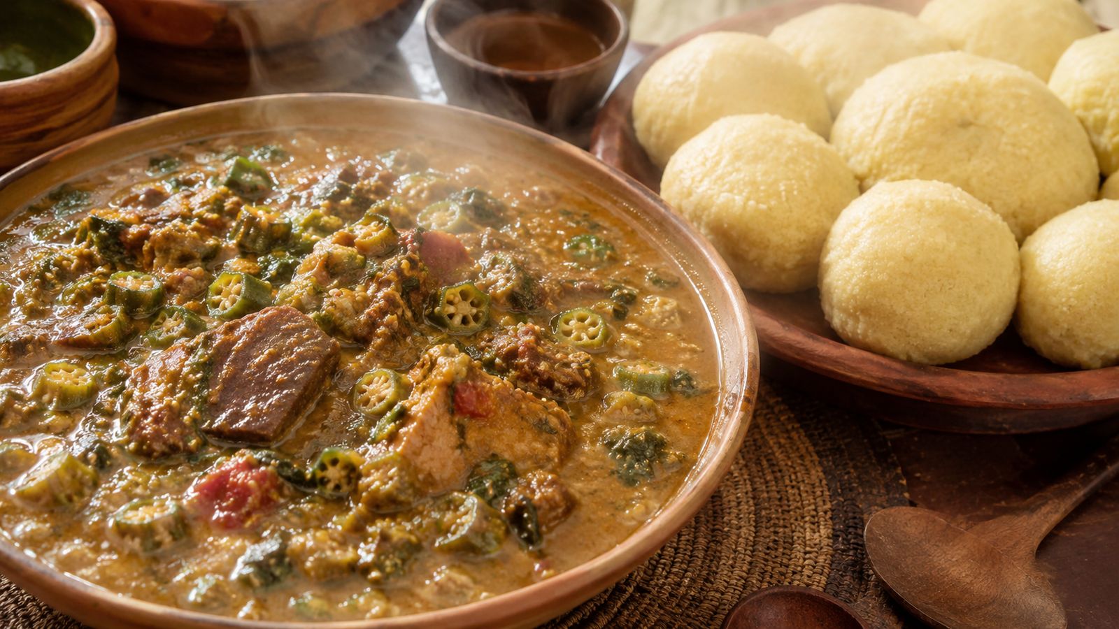 Daraba (ragoût-sauce tchadien gombo-arachide — gombo frais émincé, beurre d'arachide, tomate, légumes-feuilles, viande de mouton-bœuf ou poisson capitaine fumé, servi sur boule de mil ou sorgho)