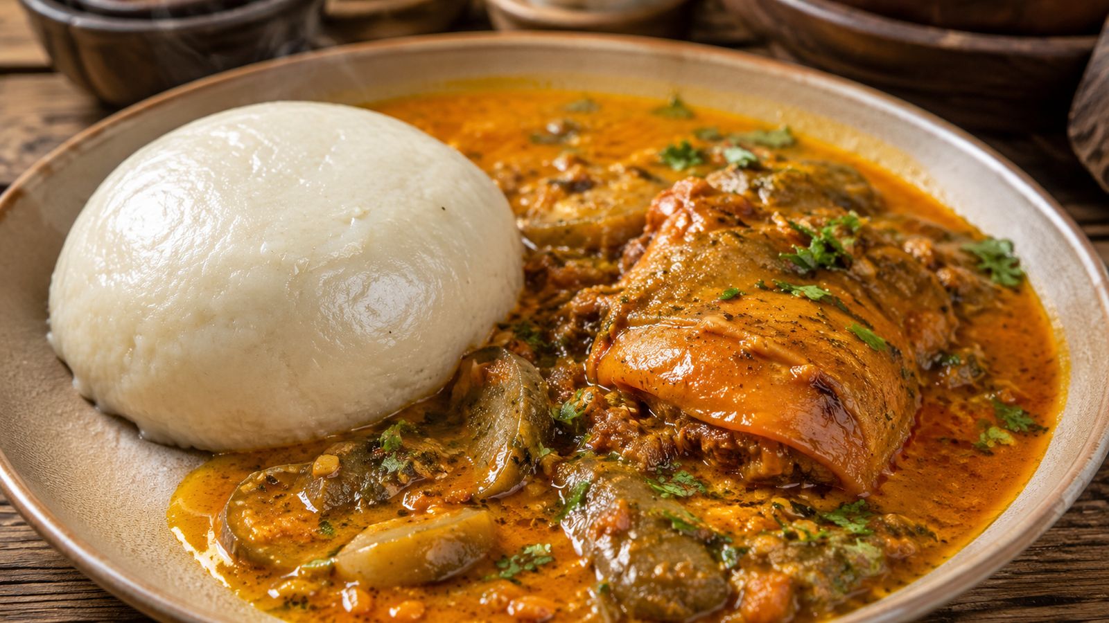 Gboma Dessi togolais (sauce de feuilles de gboma — Solanum macrocarpon, l'aubergine africaine à feuilles tendres — mijotée à l'huile de palme rouge avec poisson fumé, oignons, tomate et piments, servie avec akoumé de maïs ou riz blanc)