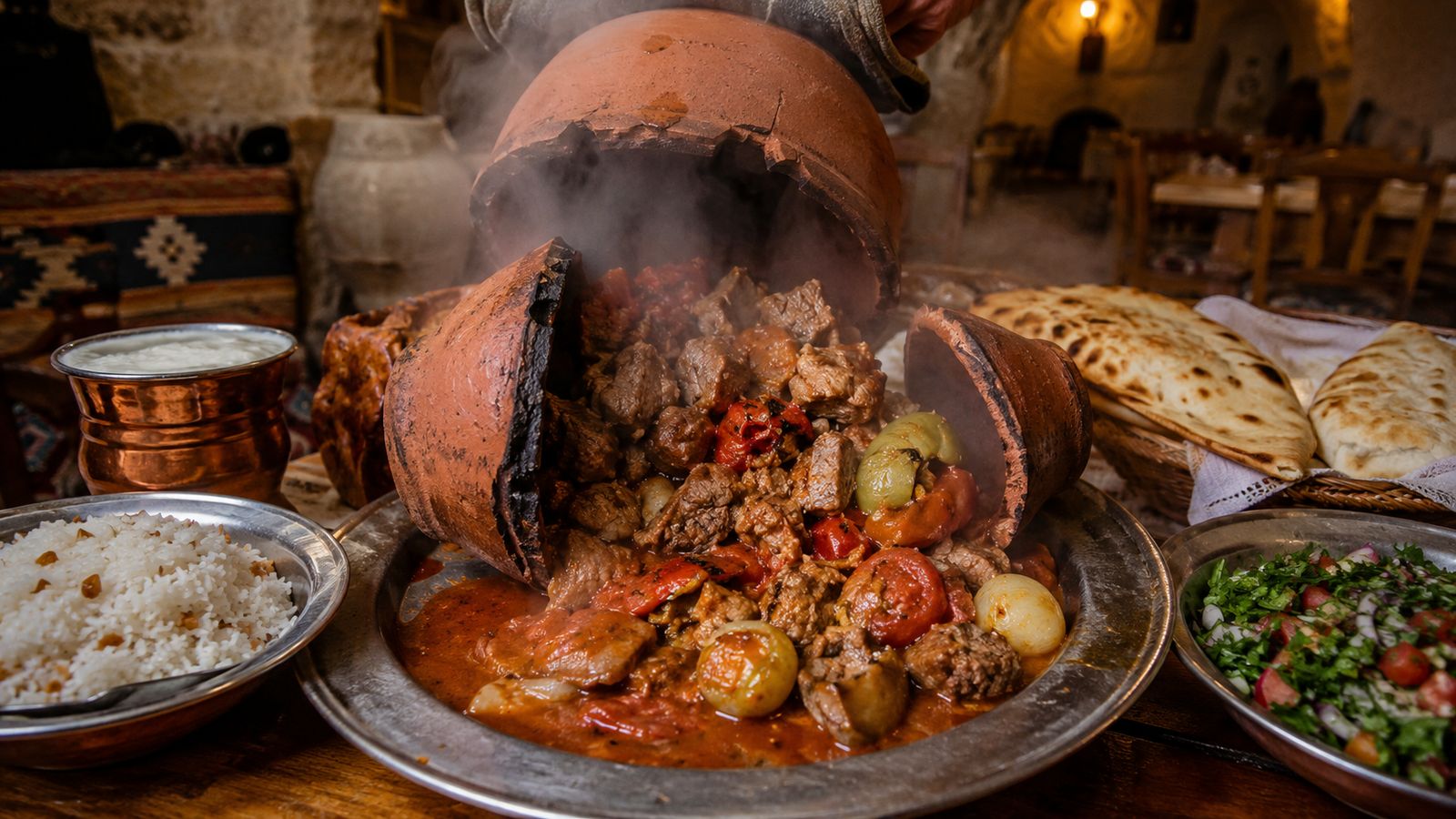 Testi Kebabı (kebab dans pot de terre cassé à table — Cappadoce)