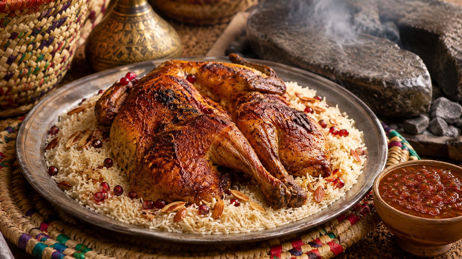 Madhbi (poulet rôti à la pierre brûlante)